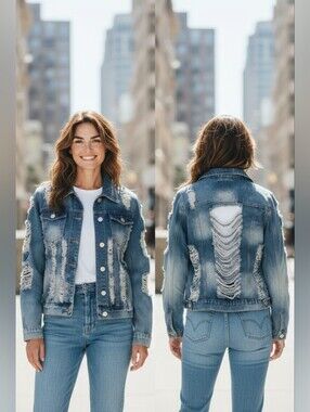 "DAZL" Brand Juniors Size 2X Distressed Heavily Ripped Stone-Washed Denim Jacket
